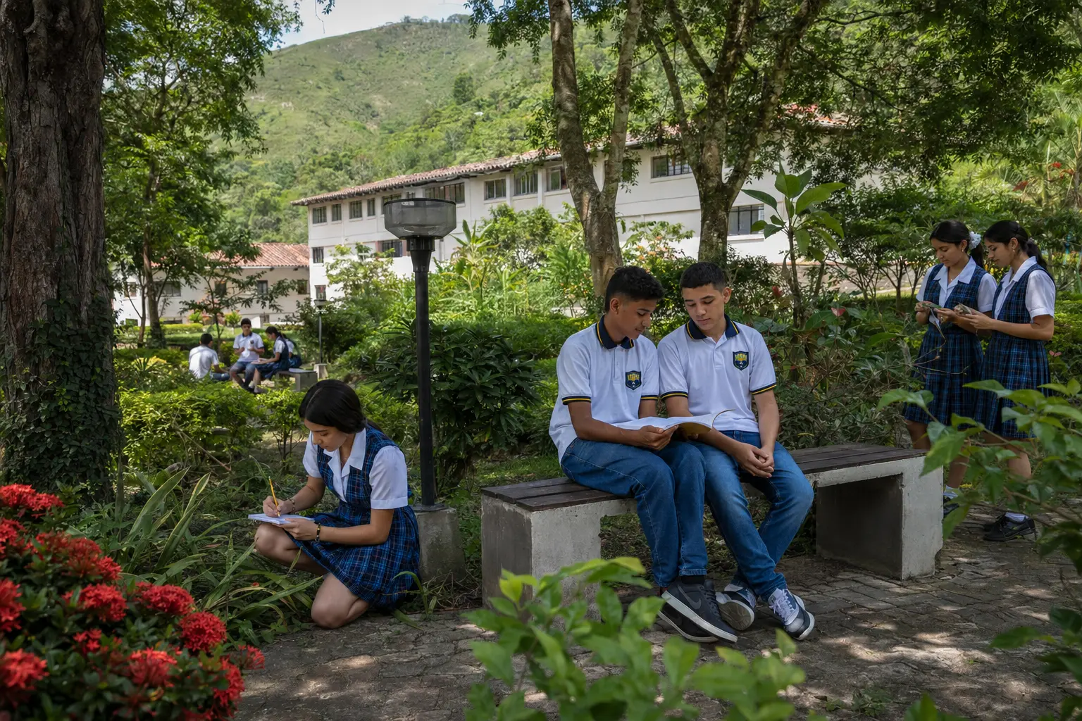 Estudiantes aprendiendo en las zonas verdes del colegio
